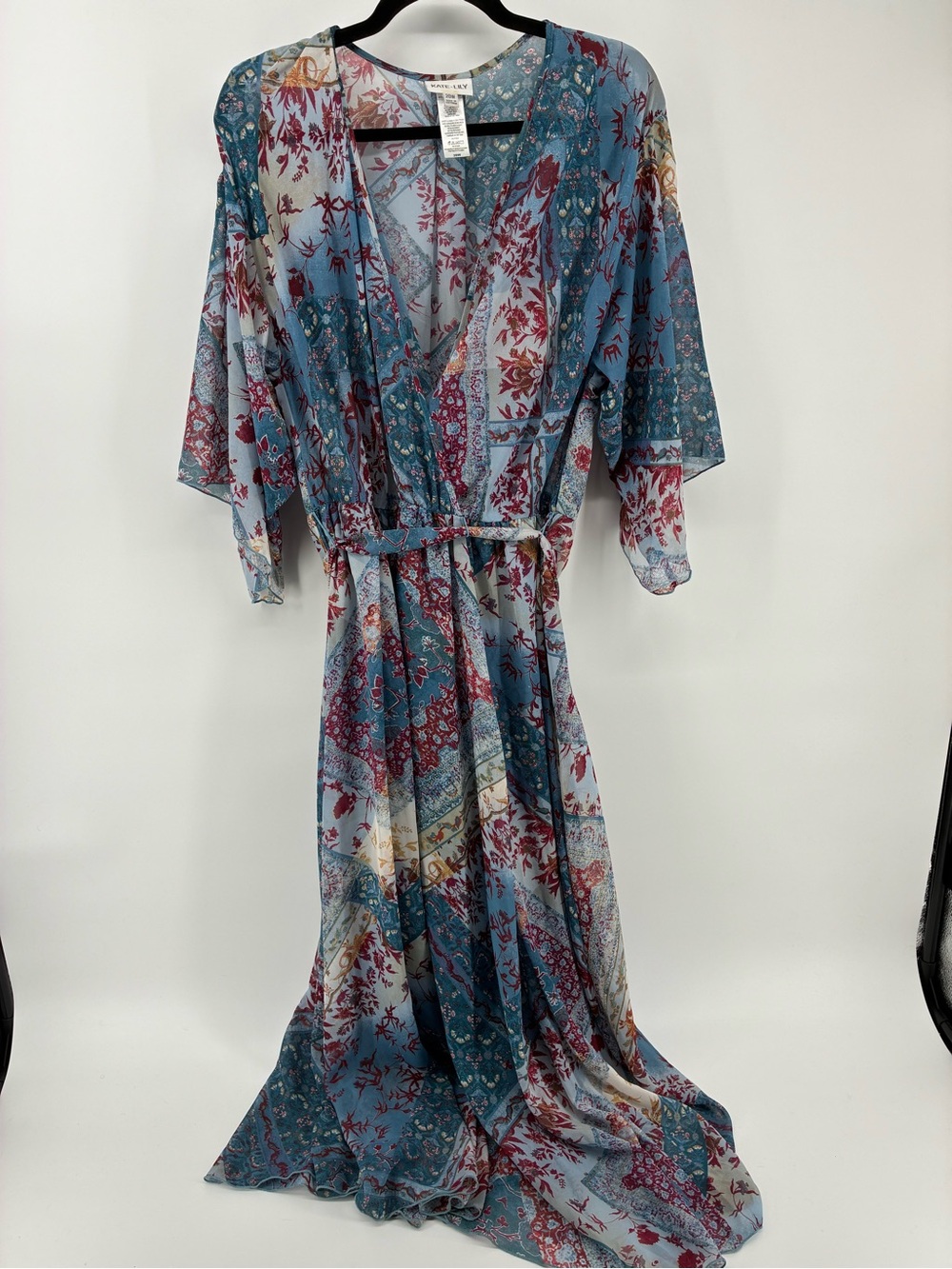 Boho Blue Floral Patchwork Maxi Dress with Tie Waist - Picture 9 of 13